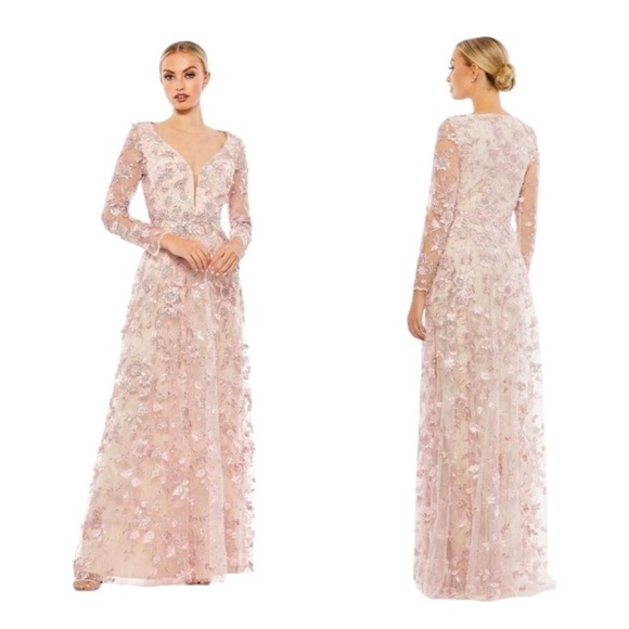 NWT‎ Mac Duggal 70224 Pink Floral Applique Long Sleeve Illusion Gown Size 10